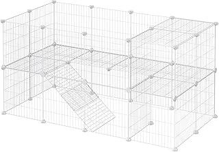 SONGMICS 2-Floor Metal Pet Playpen, 36 Grid Panels, Customisable Cage Enclosure for Small Animals, Guinea Pigs Hamster Runs, Rabbit Hutches, Includes Mallet, Indoor Use, 143 x 73 x 71 cm, White LPI02W