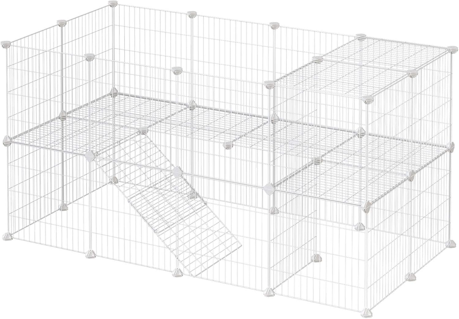 SONGMICS 2-Floor Metal Pet Playpen, 36 Grid Panels, Customisable Cage Enclosure for Small Animals, Guinea Pigs Hamster Runs, Rabbit Hutches, Includes Mallet, Indoor Use, 143 x 73 x 71 cm, White LPI02W-0