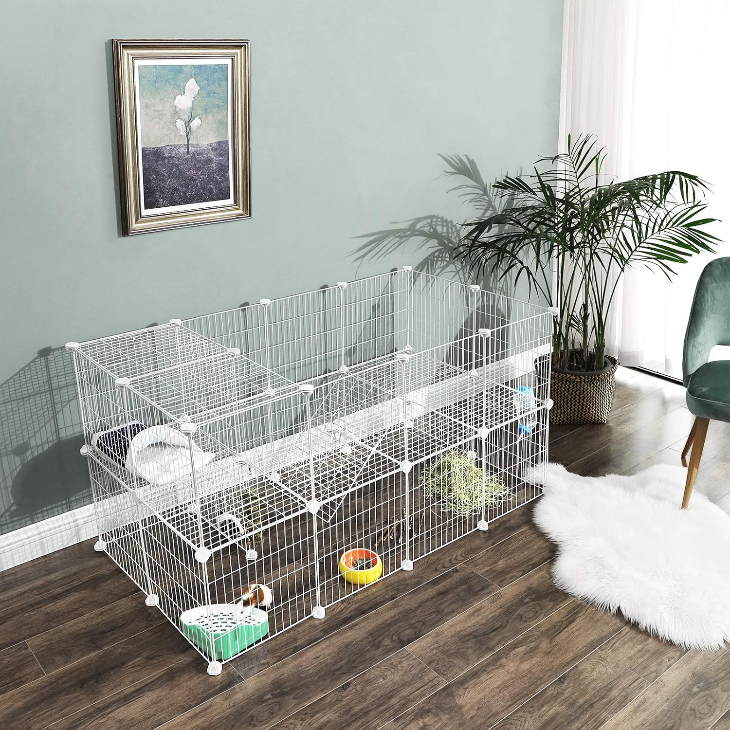 SONGMICS 2-Floor Metal Pet Playpen, 36 Grid Panels, Customisable Cage Enclosure for Small Animals, Guinea Pigs Hamster Runs, Rabbit Hutches, Includes Mallet, Indoor Use, 143 x 73 x 71 cm, White LPI02W-1