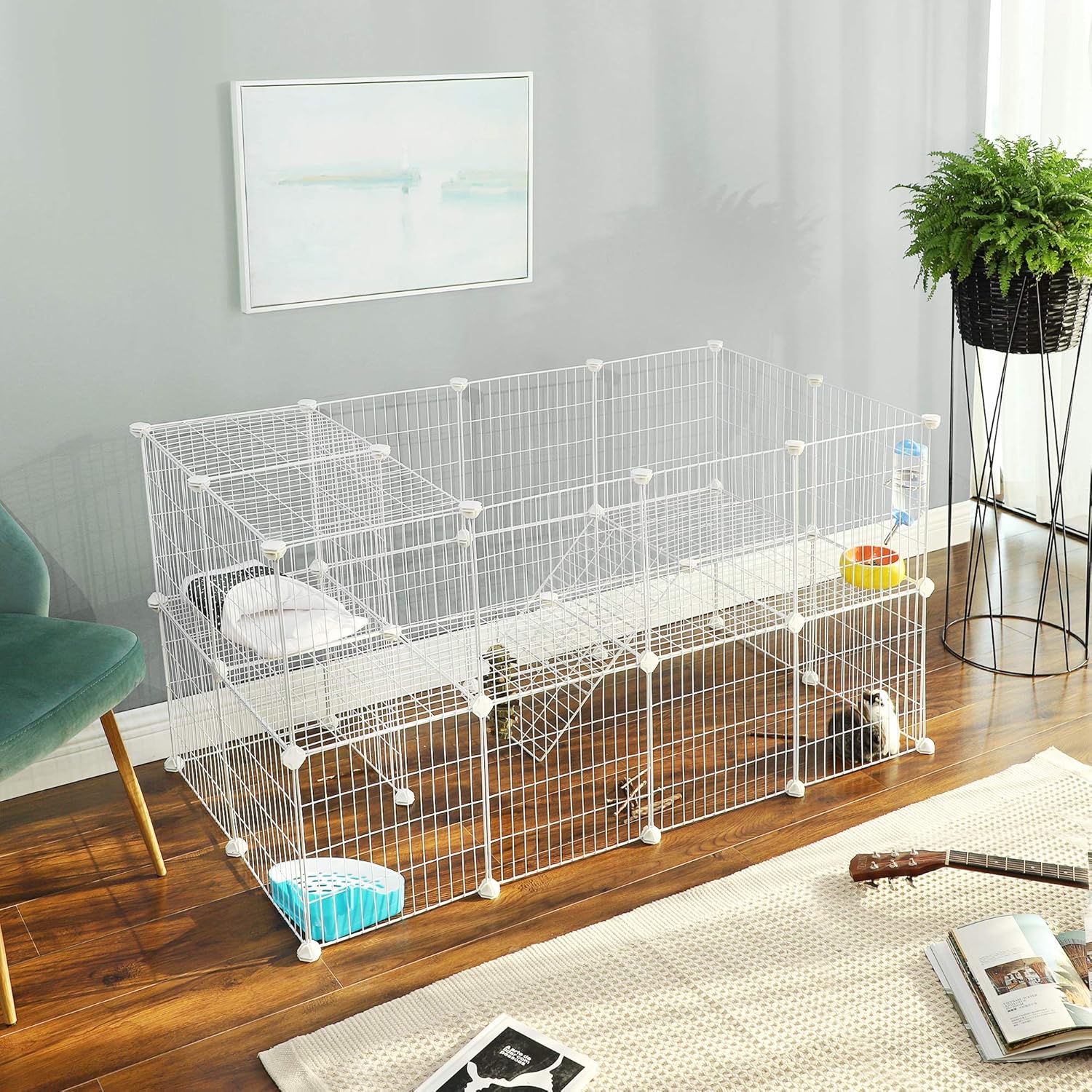 SONGMICS 2-Floor Metal Pet Playpen, 36 Grid Panels, Customisable Cage Enclosure for Small Animals, Guinea Pigs Hamster Runs, Rabbit Hutches, Includes Mallet, Indoor Use, 143 x 73 x 71 cm, White LPI02W-2