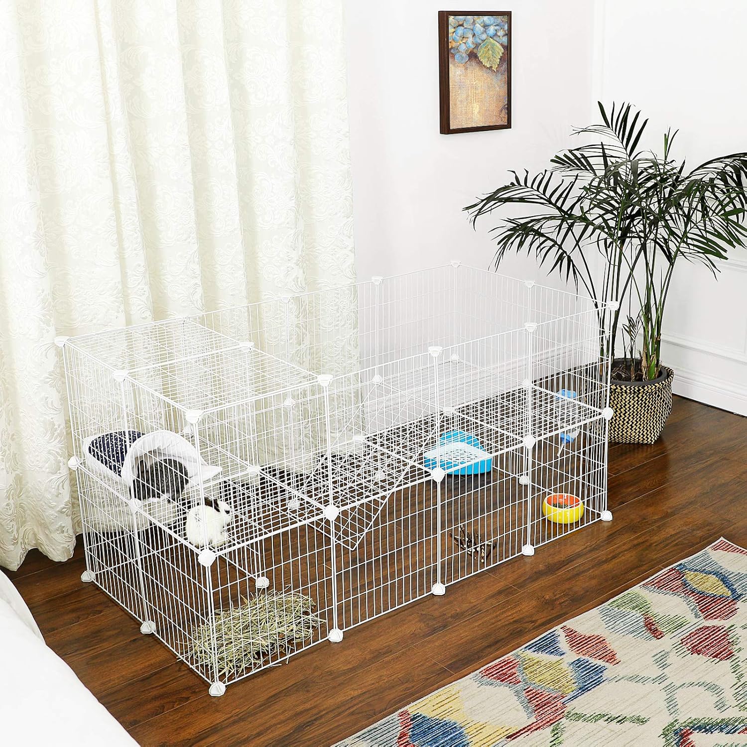 SONGMICS 2-Floor Metal Pet Playpen, 36 Grid Panels, Customisable Cage Enclosure for Small Animals, Guinea Pigs Hamster Runs, Rabbit Hutches, Includes Mallet, Indoor Use, 143 x 73 x 71 cm, White LPI02W-3