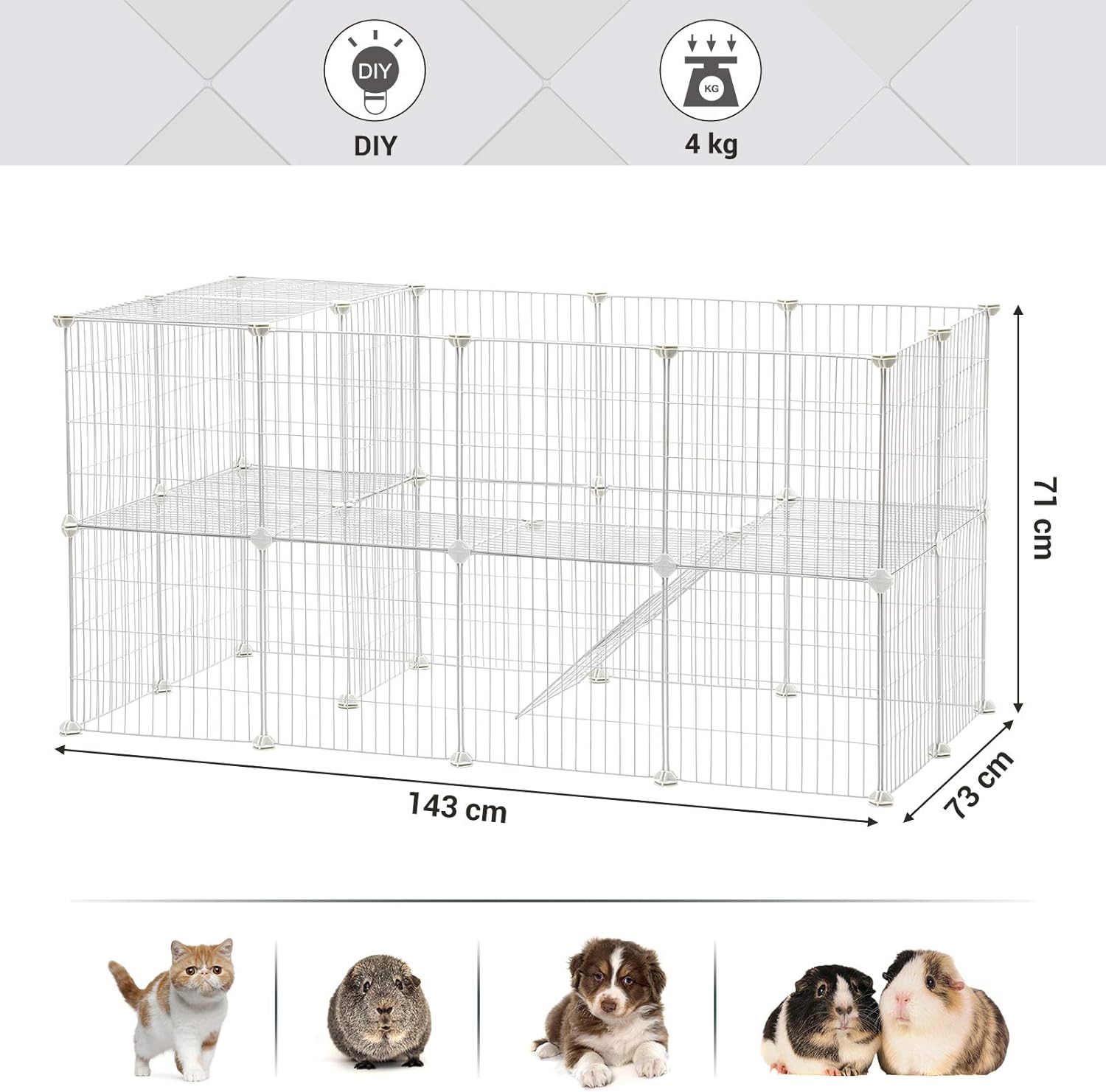 SONGMICS 2-Floor Metal Pet Playpen, 36 Grid Panels, Customisable Cage Enclosure for Small Animals, Guinea Pigs Hamster Runs, Rabbit Hutches, Includes Mallet, Indoor Use, 143 x 73 x 71 cm, White LPI02W-4