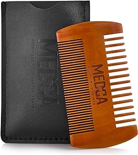 Wooden Beard Comb With Leather Case - Handcrafted Solid Beechwood Beard, Mustache and Head Hair Pocket Combs for Men Dual Action Fine & Coarse Teeth Perfect for Conditioner Oils and Beard Balms