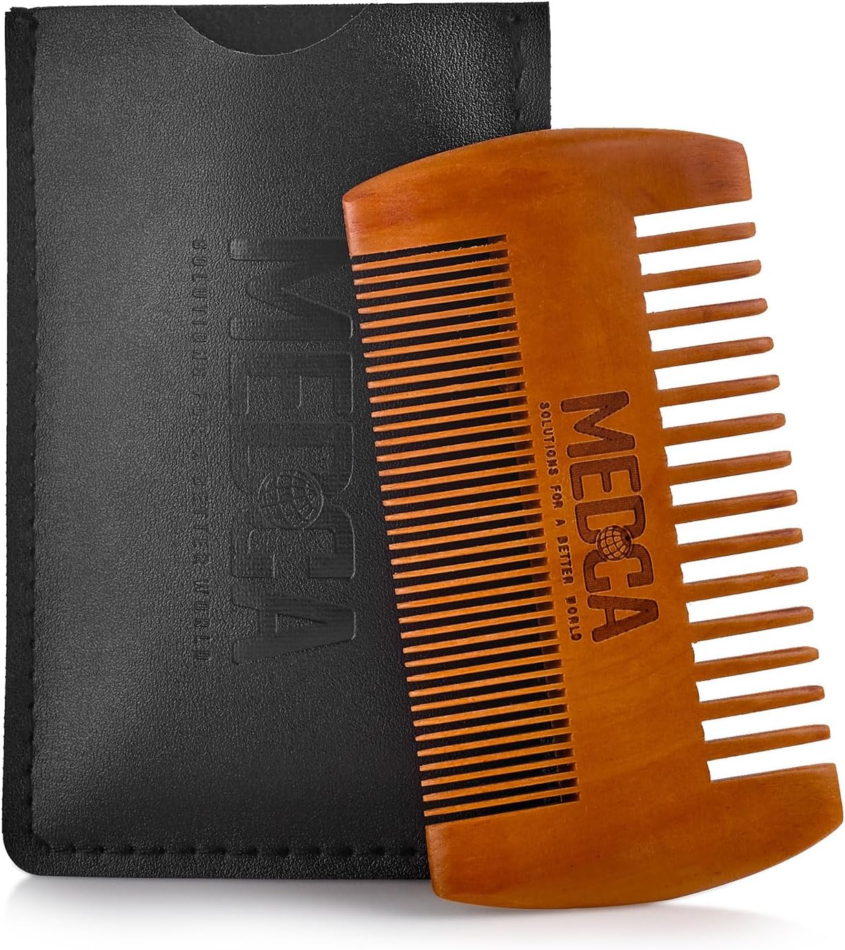 Wooden Beard Comb With Leather Case - Handcrafted Solid Beechwood Beard, Mustache and Head Hair Pocket Combs for Men Dual Action Fine & Coarse Teeth Perfect for Conditioner Oils and Beard Balms-0