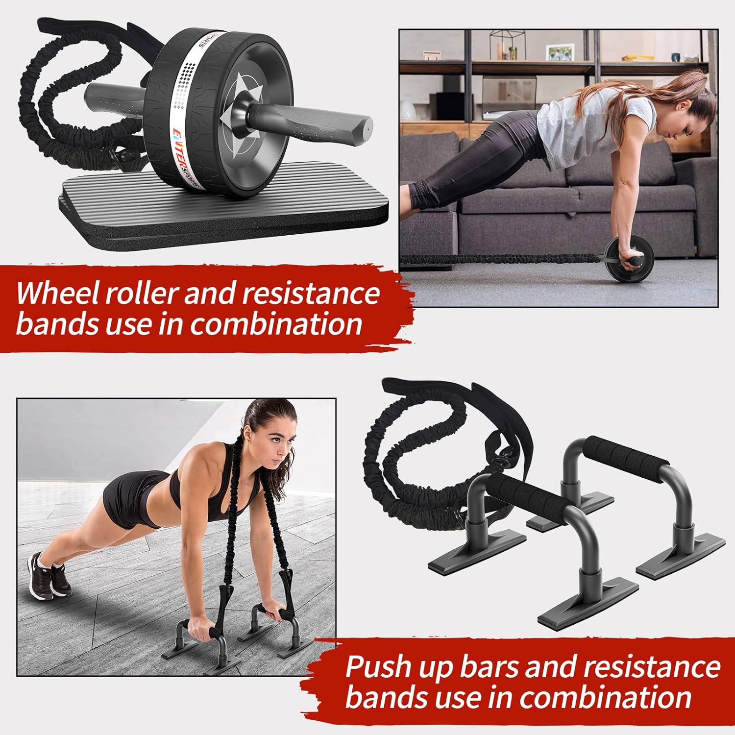 EnterSports Ab Rollers Wheel Kit, Exercise Wheel Core Strength Training Abdominal Roller Set with Push Up Bars, Resistance Bands, Knee Mat Home Gym Fitness Equipment for Abs Workout-4