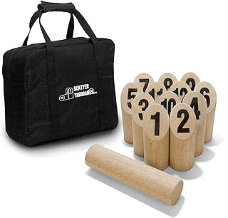 Yard Games SCATTER-01 Scatter Number Block Tossing Game with Durable Carrying Case and Heat Burned-in Numbers, Set Includes 12 Numbered Skittles, 1 Tossing Dowel, and 1 Carrying Case