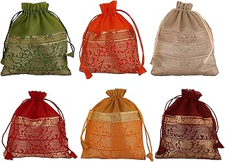 Touchstone New Gorgeous Indian Traditional Paisley Brocade Drawstring Large Bags Pouches Potli For Wedding Gift Jewelry Packaging Bridal Party Favors Assorted Colors Set Of 6 For Women