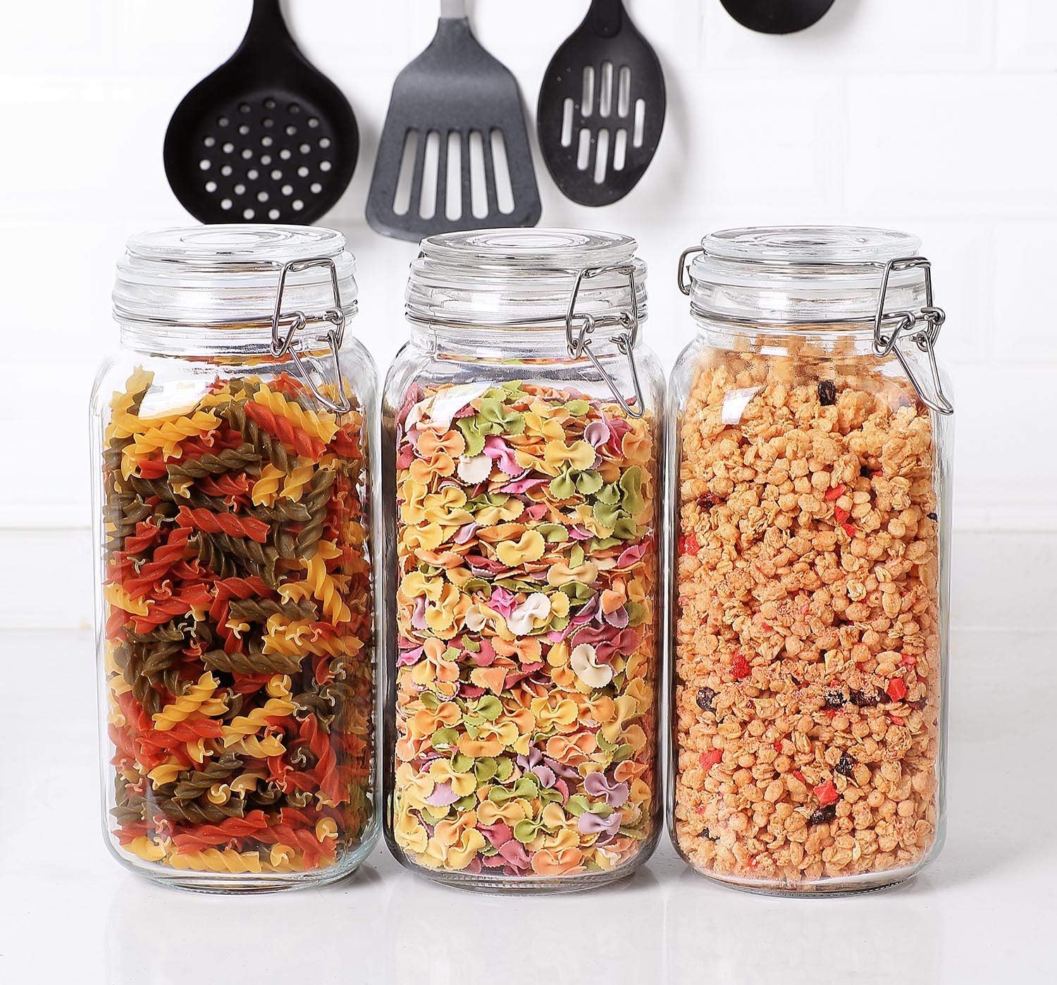 ComSaf Glass Storage Jars with Lids 2300ML Food Canisters Set of 3 - Airtight Clear Preserving Seal Wide Mouth Containers with Wire Clip Fastening for Kitchen Canning Cereal,Pasta,Sugar,Coffee,Spices-1