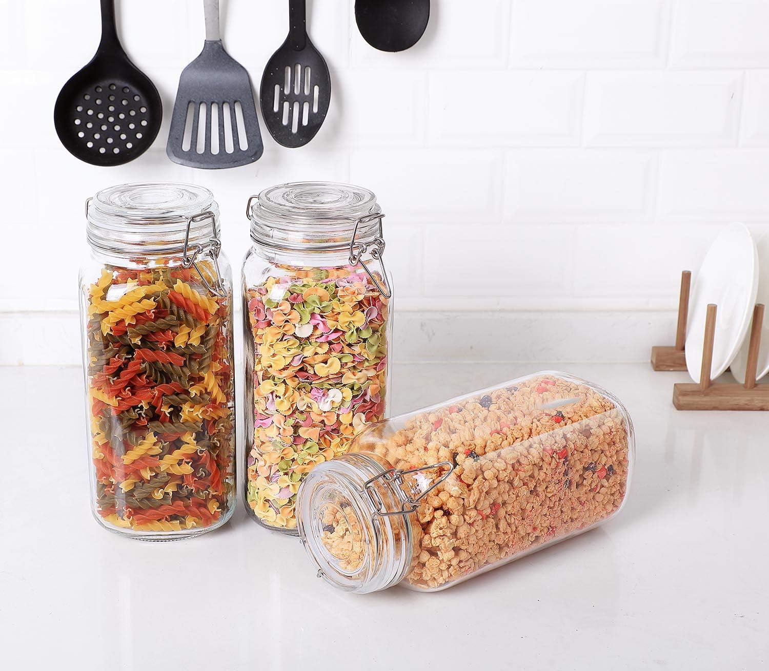 ComSaf Glass Storage Jars with Lids 2300ML Food Canisters Set of 3 - Airtight Clear Preserving Seal Wide Mouth Containers with Wire Clip Fastening for Kitchen Canning Cereal,Pasta,Sugar,Coffee,Spices-3