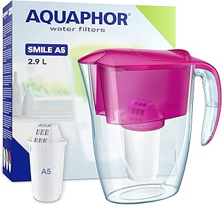 AQUAPHOR Smile Water Filter Jug - 2.9L, Fits Fridge Doors, Lightweight, Space-saving, Includes 1 x A5 350L Filter, Reduces Limescale, Chlorine, Microplastics - Cyclamen Pink