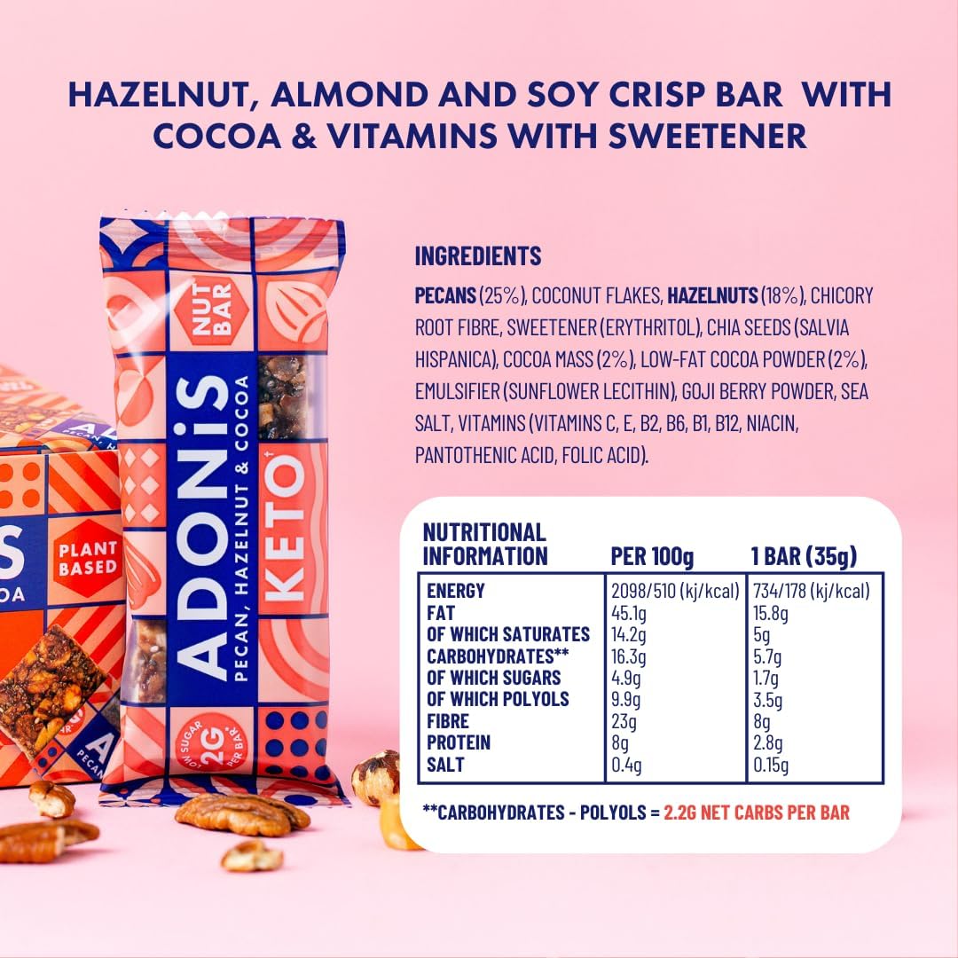 Adonis Pecan, Hazelnut & Cocoa Keto Bars (16x35g) | Vegan/Keto-Friendly | 100% Natural Keto Snacks | Gluten Free/Sugar Free/Palm Oil Free | Low Sugar, Low Calorie & Low Carb | Ideal for a Keto Diet-5