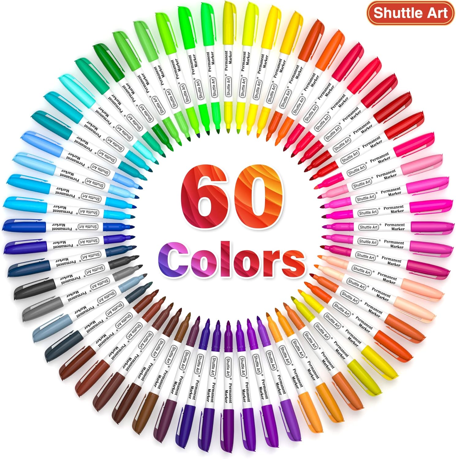 Shuttle Art 60 Colours Permanent Markers, Fine Point Assorted Colours, Works on Plastic, Wood, Stone, Metal and Glass for Doodling, Colouring, Journaling for School Office Home-1