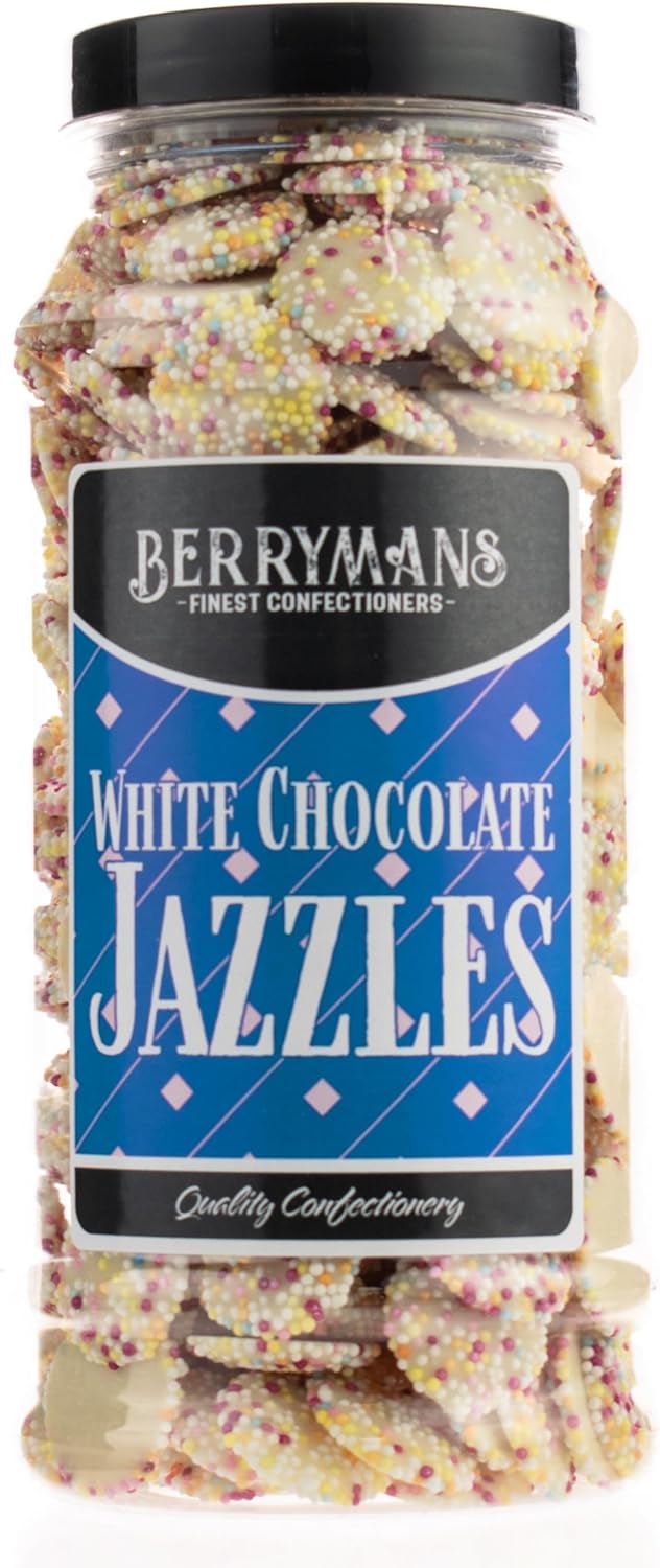 Original Jazzies White Chocolate Jazzies Snowies Jazzles Retro Sweets Gift Jar By Berrymans Sweet Shop - Classic Sweets, Traditional Taste.-0