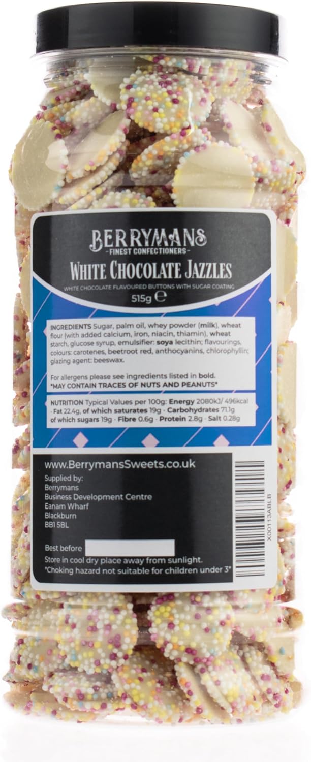 Original Jazzies White Chocolate Jazzies Snowies Jazzles Retro Sweets Gift Jar By Berrymans Sweet Shop - Classic Sweets, Traditional Taste.-1