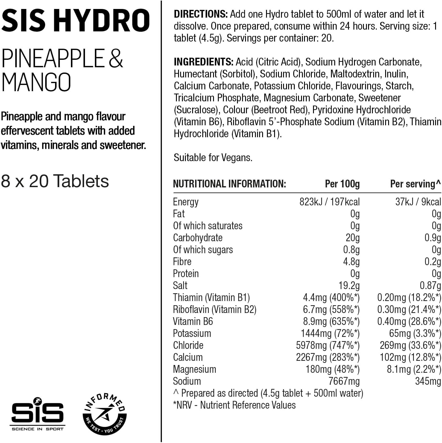 Science In Sport Hydro Hydration Tablets, Gluten-Free, Zero Sugar, Pineapple and Mango Flavour Plus Electrolytes, 20 Effervescent Tablets per Bottle (8 Bottles)-4