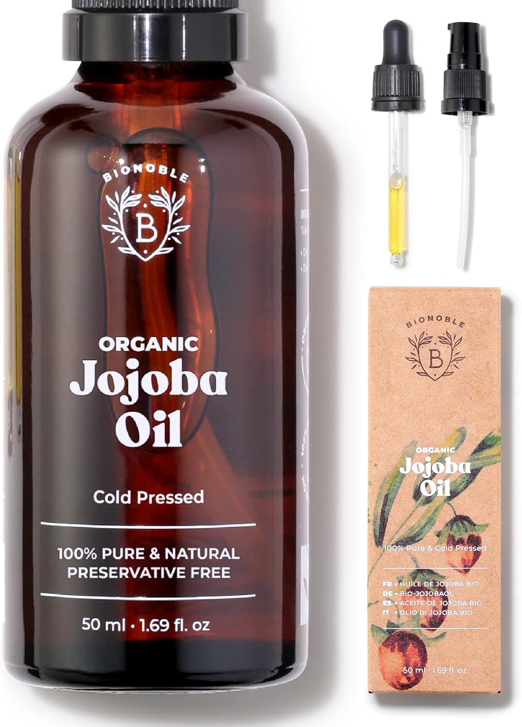 Bionoble Organic Jojoba Oil 50ml - 100% Pure, Natural and Cold Pressed - Face, Body, Hair, Beard, Nails - Vegan and Cruelty Free - Glass Bottle + Pipette + Pump-0