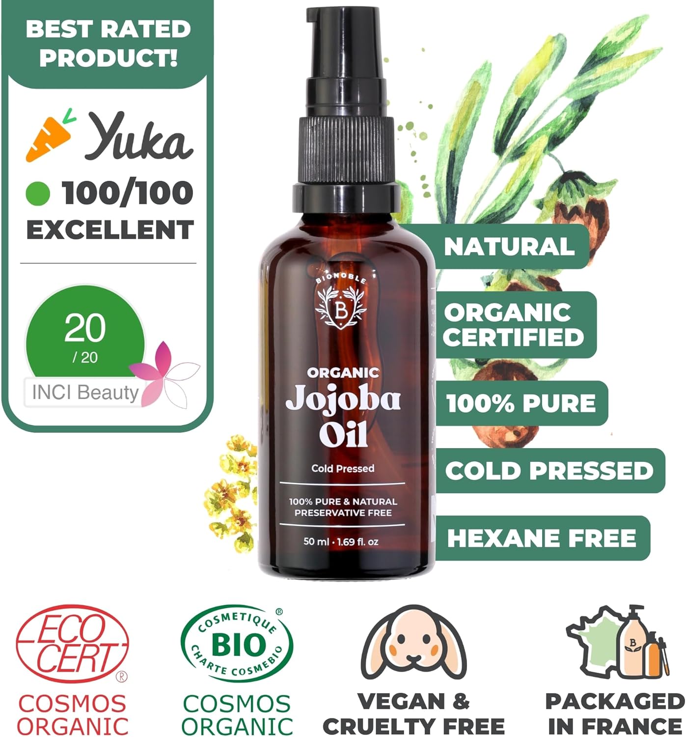 Bionoble Organic Jojoba Oil 50ml - 100% Pure, Natural and Cold Pressed - Face, Body, Hair, Beard, Nails - Vegan and Cruelty Free - Glass Bottle + Pipette + Pump-1