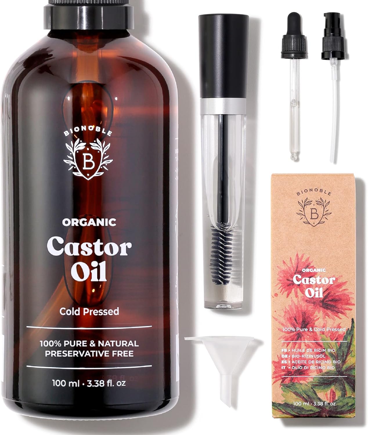 Bionoble Organic Castor Oil 100ml - 100% Pure, Natural, Cold Pressed - Lashes, Eyebrows, Body, Hair, Beard, Nails - Vegan and Cruelty Free - Glass Bottle + Pipette + Pump + Mascara Kit-0