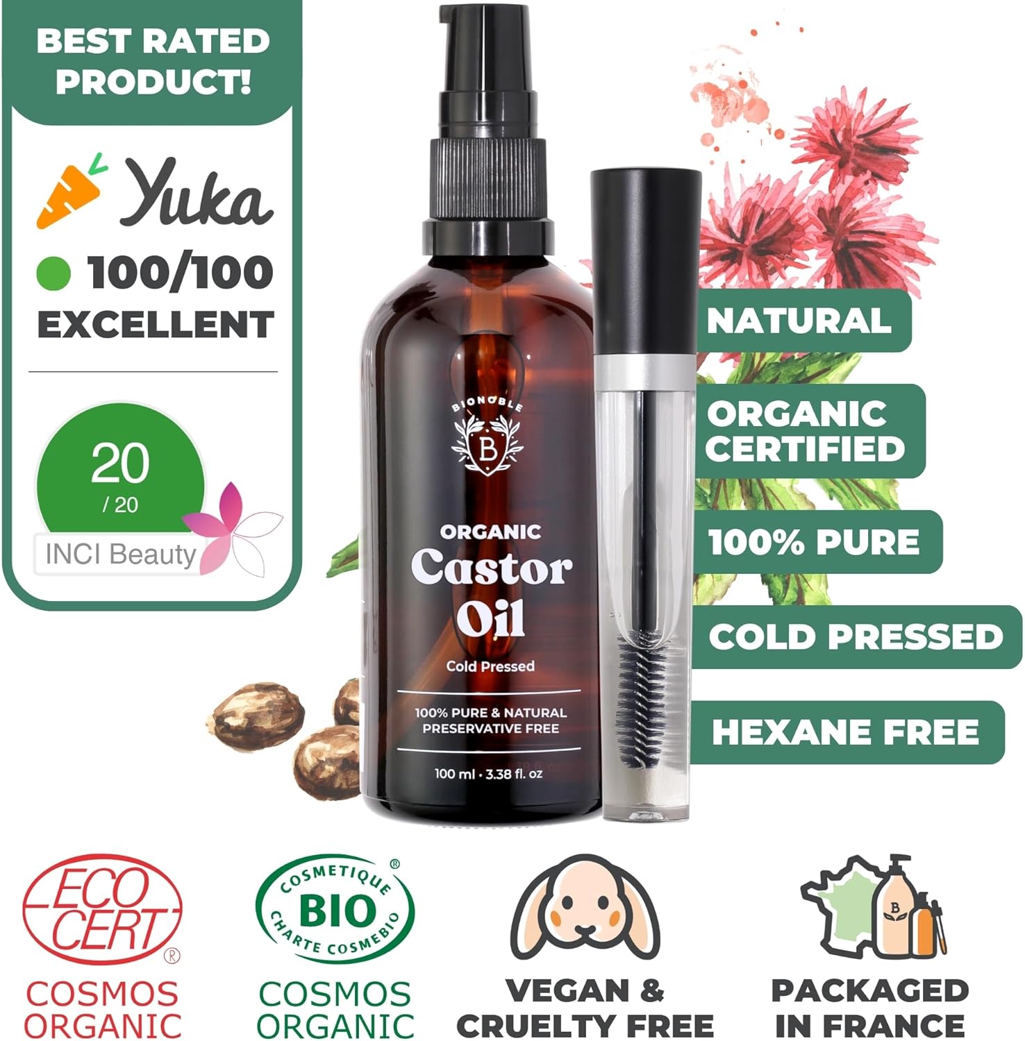 Bionoble Organic Castor Oil 100ml - 100% Pure, Natural, Cold Pressed - Lashes, Eyebrows, Body, Hair, Beard, Nails - Vegan and Cruelty Free - Glass Bottle + Pipette + Pump + Mascara Kit-1