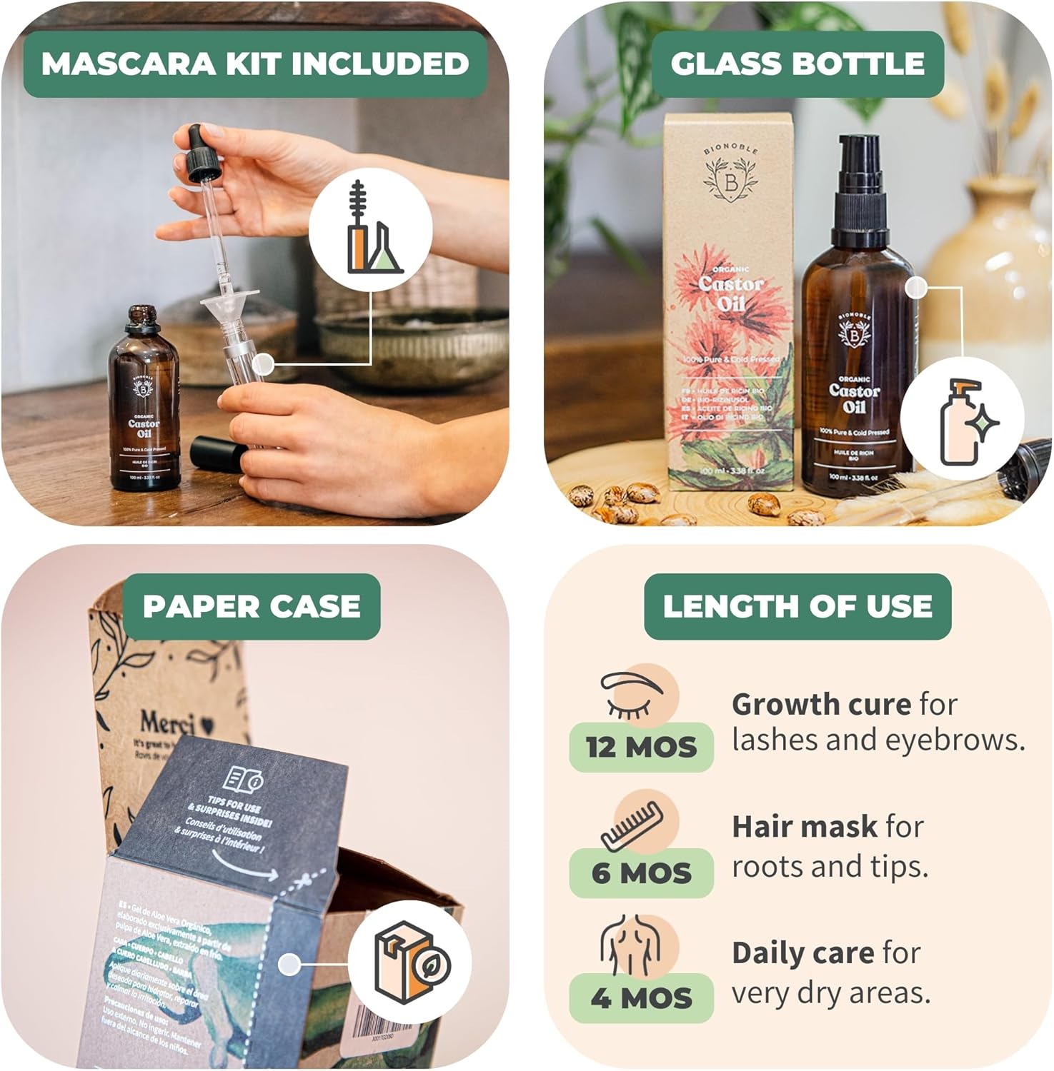 Bionoble Organic Castor Oil 100ml - 100% Pure, Natural, Cold Pressed - Lashes, Eyebrows, Body, Hair, Beard, Nails - Vegan and Cruelty Free - Glass Bottle + Pipette + Pump + Mascara Kit-3