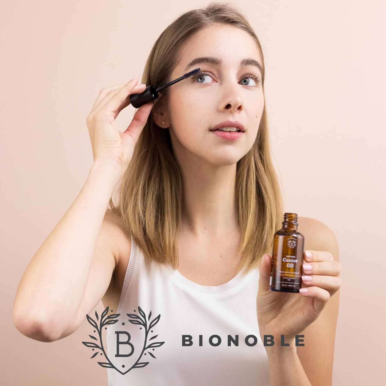 Bionoble Organic Castor Oil 100ml - 100% Pure, Natural, Cold Pressed - Lashes, Eyebrows, Body, Hair, Beard, Nails - Vegan and Cruelty Free - Glass Bottle + Pipette + Pump + Mascara Kit-6