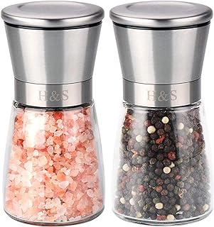 H&S Salt and Pepper Grinder Set - Manual Mill Grinders for Kitchen - Glass and Stainless Steel Spice Mills with Adjustable Coarseness - Easy to Use and Fill - Large Capacity