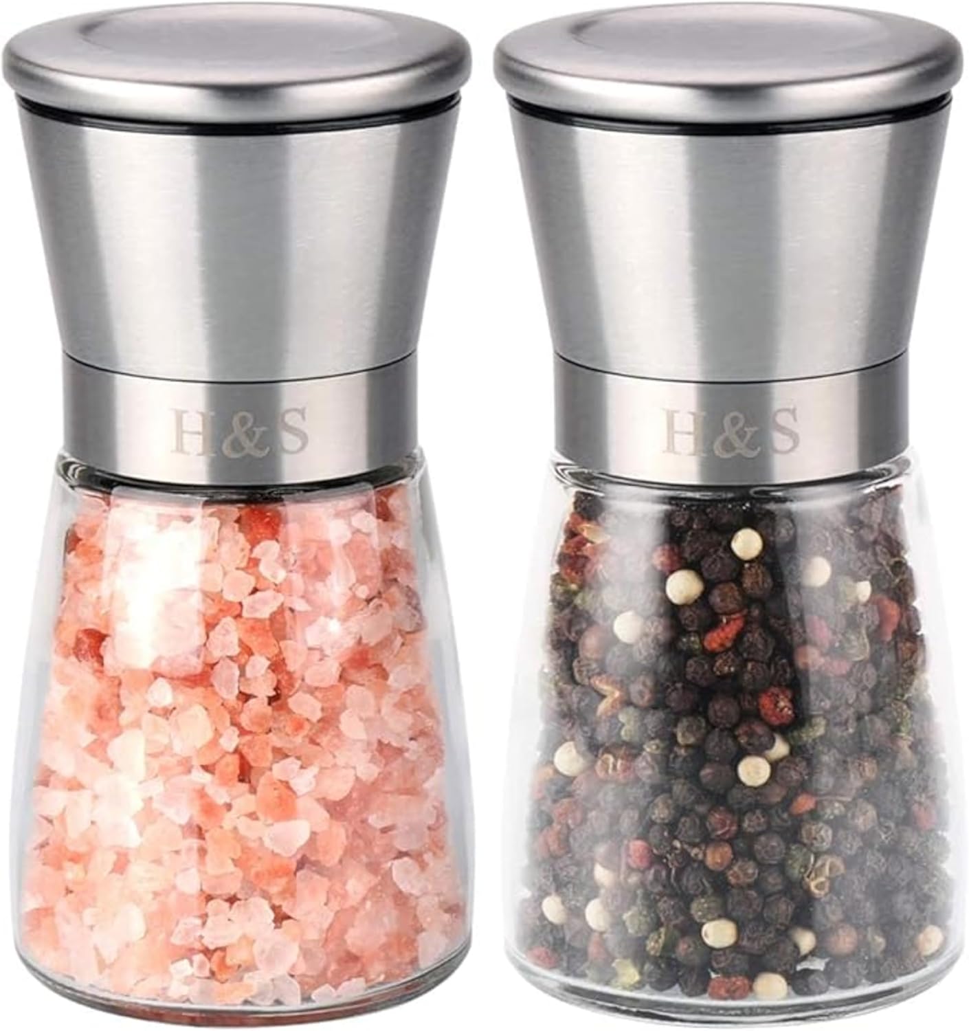 H&S Salt and Pepper Grinder Set - Manual Mill Grinders for Kitchen - Glass and Stainless Steel Spice Mills with Adjustable Coarseness - Easy to Use and Fill - Large Capacity-0