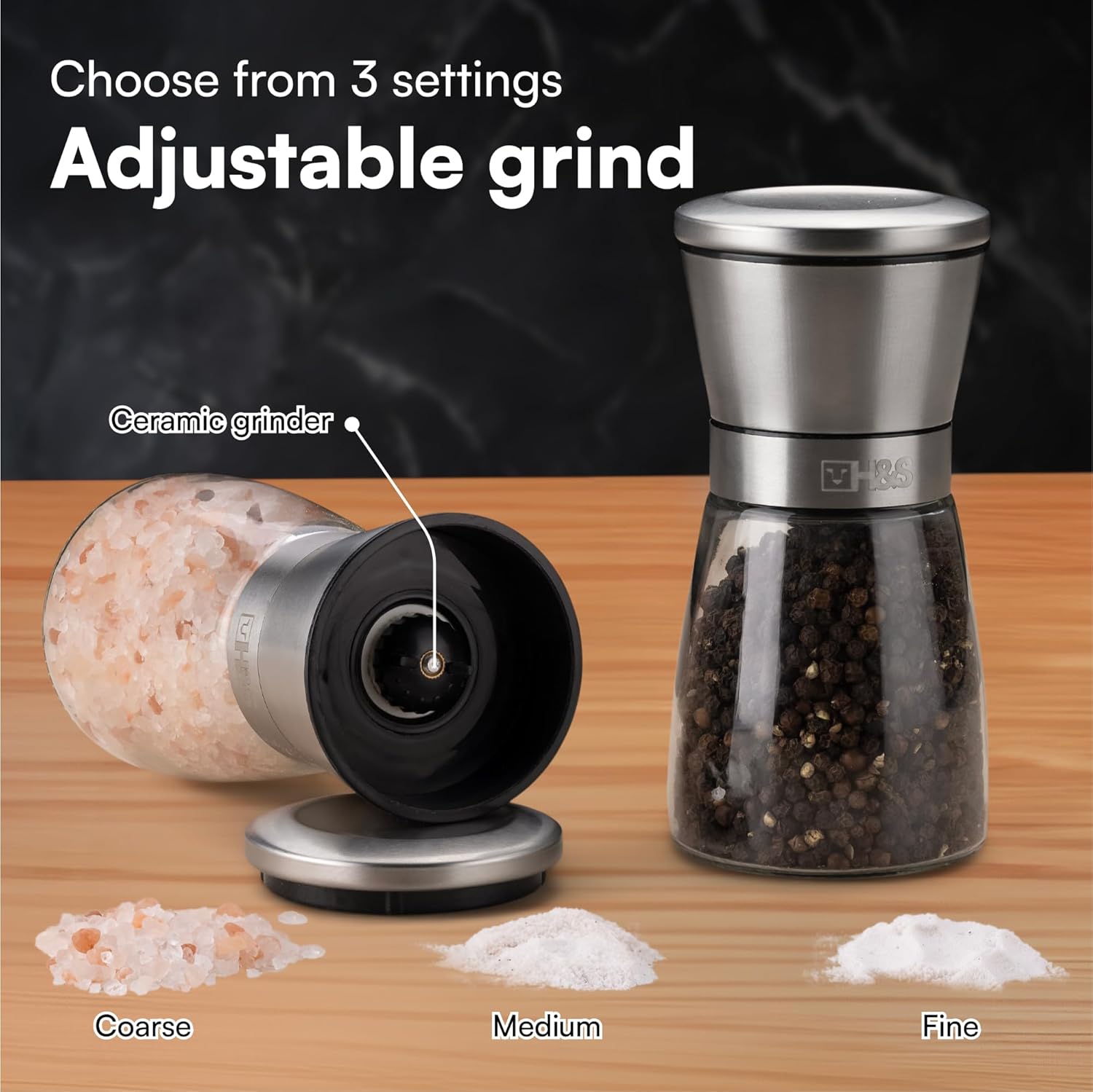 H&S Salt and Pepper Grinder Set - Manual Mill Grinders for Kitchen - Glass and Stainless Steel Spice Mills with Adjustable Coarseness - Easy to Use and Fill - Large Capacity-2