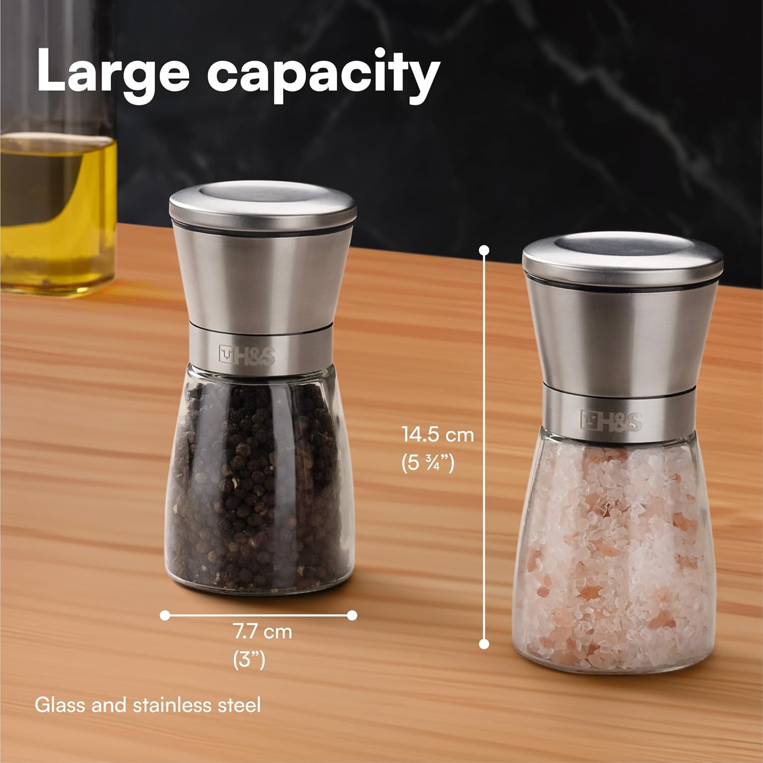 H&S Salt and Pepper Grinder Set - Manual Mill Grinders for Kitchen - Glass and Stainless Steel Spice Mills with Adjustable Coarseness - Easy to Use and Fill - Large Capacity-3