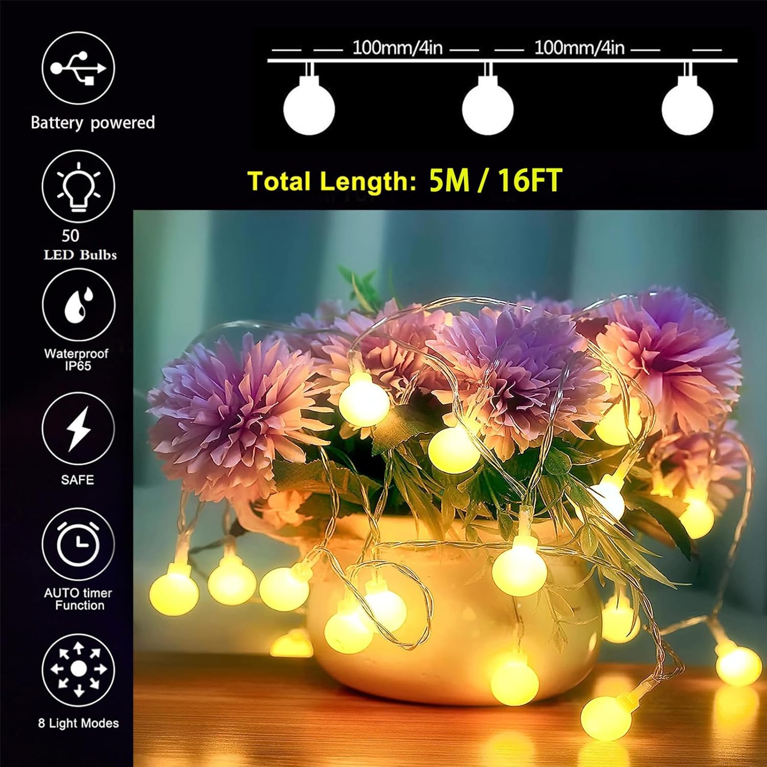 Battery Fairy Lights, Fairy Lights Battery Operated with 8 Lighting Modes 16ft 50LEDs Waterproof Fairy Lights for Bedroom Outdoor Party Living Room(Warm White) (Warm White)-1