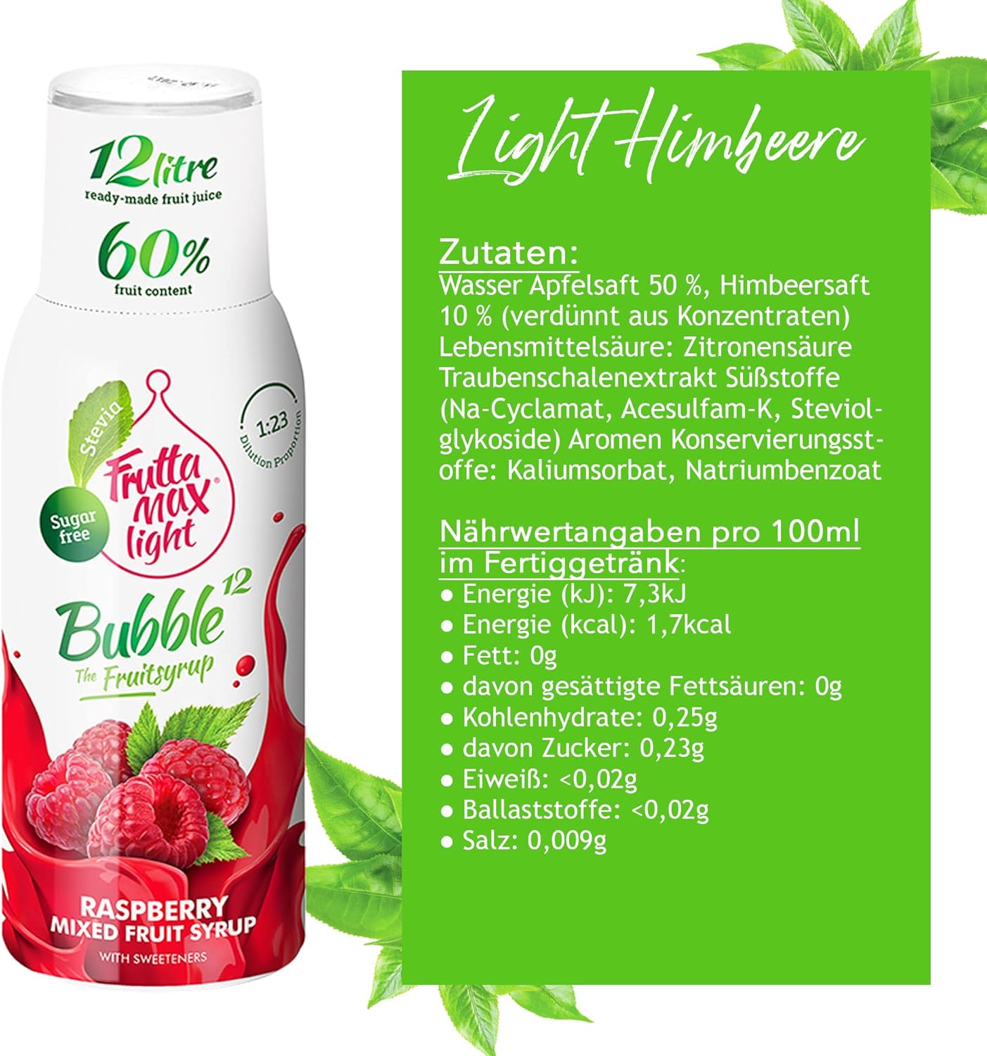 Light - Low Carb - Fitness Syrup by FruttaMax | Zero Sugar | with Stevia | 60% Fruit Content 500ml (Raspberry - Light)-1