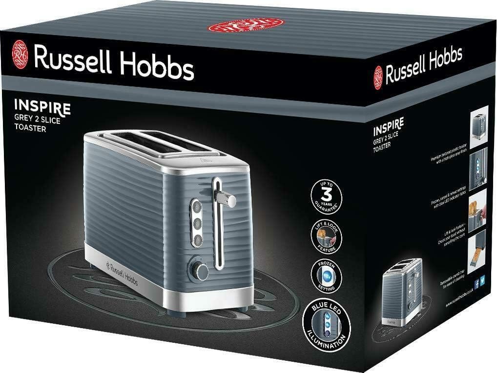 Russell Hobbs Inspire 2 Slice Toaster (Extra wide slots, High lift feature, 6 Browning levels, Frozen/Cancel/Reheat function with Blue LED illumination, 1050W, Grey textured high gloss) 24373-2