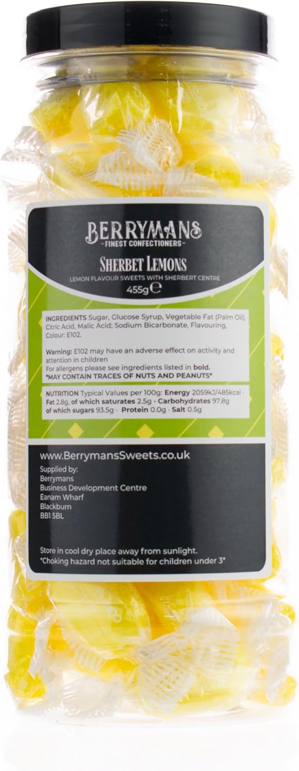 Original Sherbet Lemons Retro Sweets Gift Jar by Berrymans Sweet Shop - Classic Sweets, Traditional Taste.-1