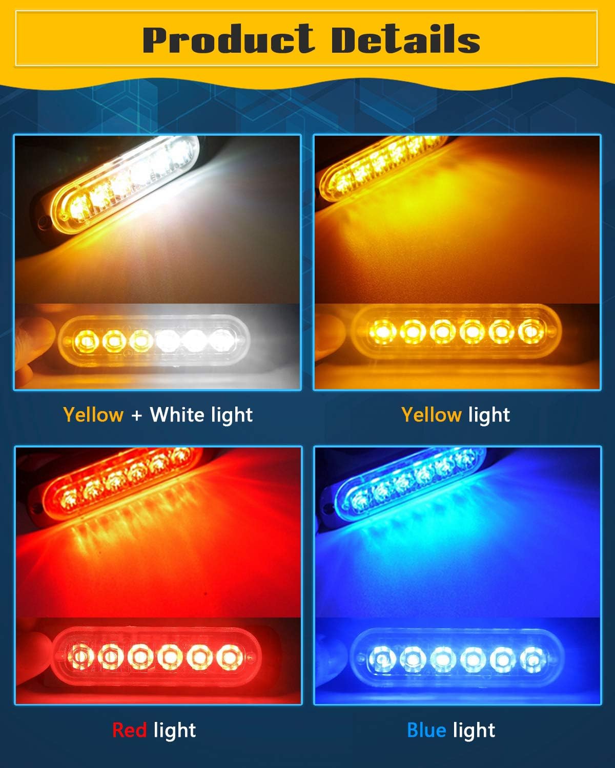 Defvnsy Strobe Flashing Light Amber, 6 LED Emergency Light Bar 12V-24V LED Beacon 18 Flashing Modes Warning Marker Light for Vehivle Car Truck, Grill Beacon Light (Pack of 4)-5