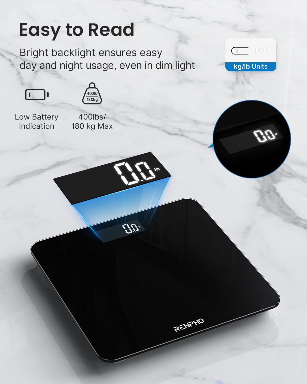 RENPHO Digital Bathroom Scales for Body Weight, Weighing Scale Electronic Bath Scales with High Precision Sensors Accurate Weight Machine for People, LED Display, Step-On, Black, Core 1S-2