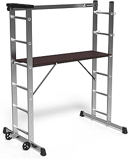 VOUNOT 3-in-1 Aluminium Scaffolding Ladder, Stable, Multifunctional, with Work Platform: Mobile Scaffolding on Wheels with Tool Holder, 120 x 40 cm, Maximum Load 150 kg, 6 Positions, Grey