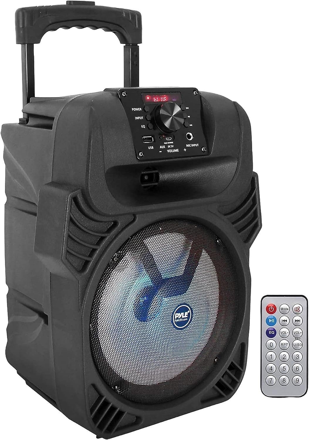 Pyle, Portable Dj Speaker System 400W, Pa Loudspeaker - 8” Subwoofer, USB/MP3/FM Radio/Mic Inputs, LED Lights, Rechargeable Battery w/Remote Control-0