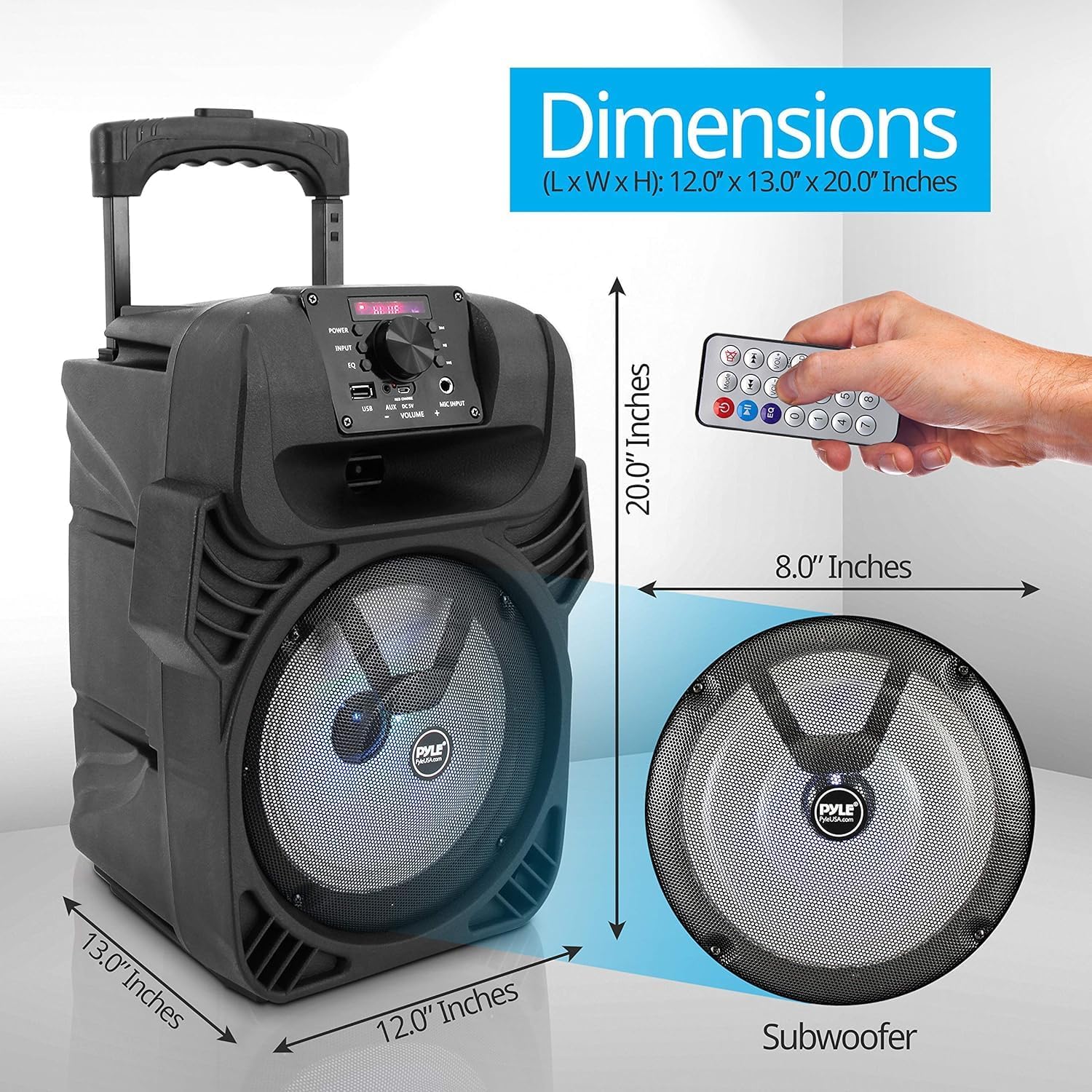 Pyle, Portable Dj Speaker System 400W, Pa Loudspeaker - 8” Subwoofer, USB/MP3/FM Radio/Mic Inputs, LED Lights, Rechargeable Battery w/Remote Control-1