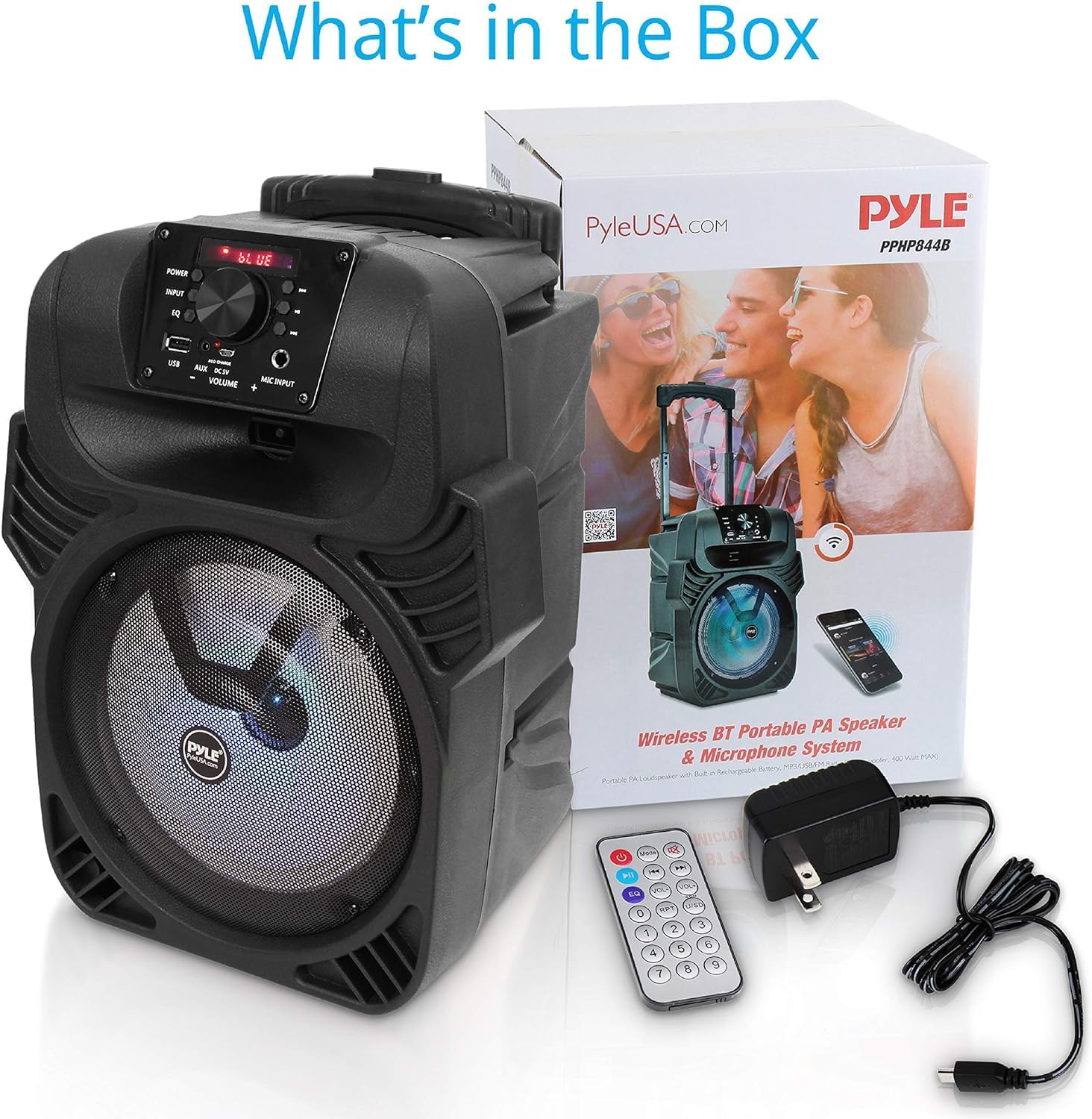 Pyle, Portable Dj Speaker System 400W, Pa Loudspeaker - 8” Subwoofer, USB/MP3/FM Radio/Mic Inputs, LED Lights, Rechargeable Battery w/Remote Control-6