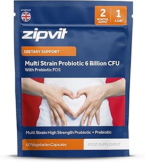 Zipvit Multi Strain Probiotic 6 Billion CFU with Prebiotic, Live Bio Cultures for Gut Health, 5 Strains with Lactobacillus Acidophilus, Bifidobacterium Bifidum, 60 Vegetarian Capsules, 2 Month Supply