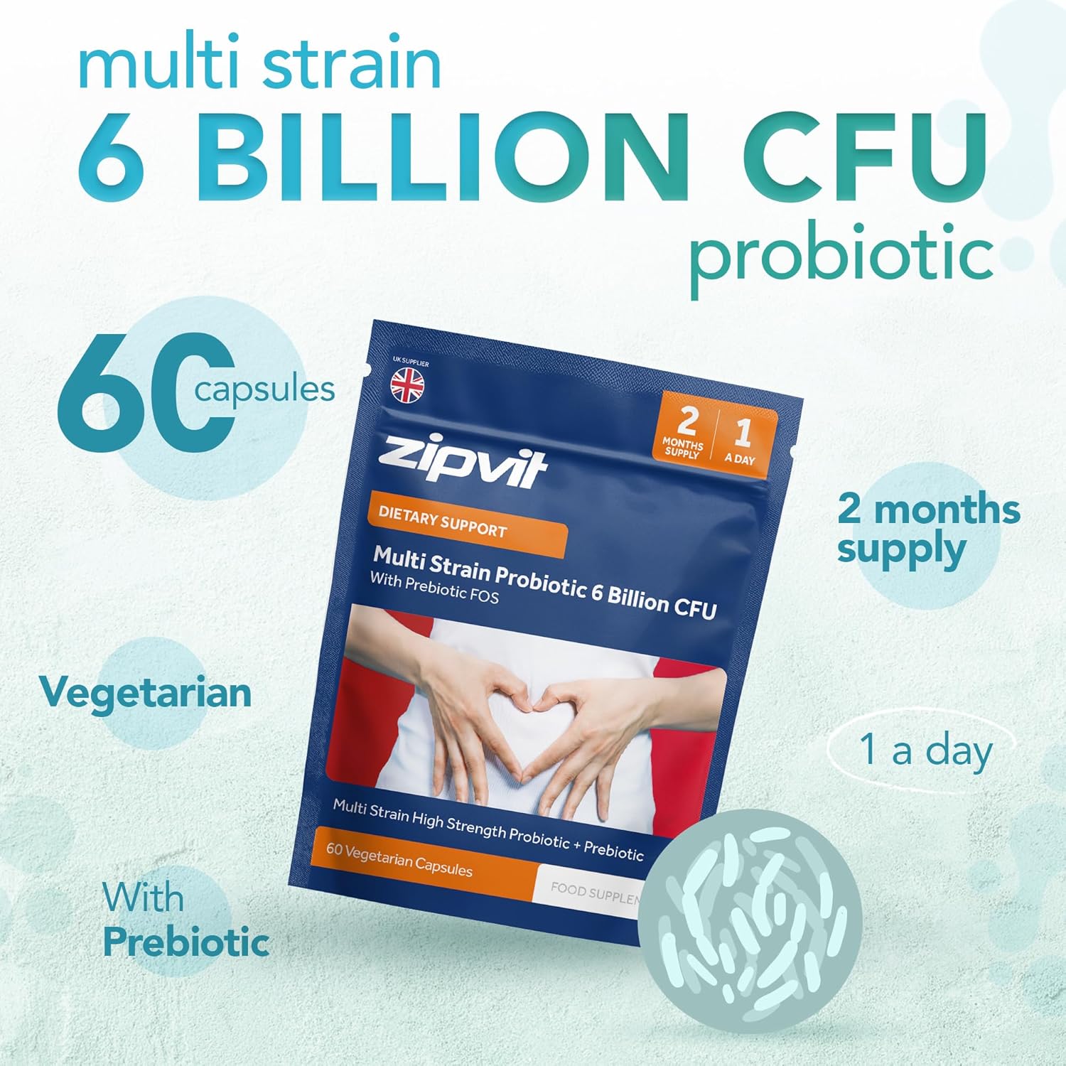 Zipvit Multi Strain Probiotic 6 Billion CFU with Prebiotic, Live Bio Cultures for Gut Health, 5 Strains with Lactobacillus Acidophilus, Bifidobacterium Bifidum, 60 Vegetarian Capsules, 2 Month Supply-2