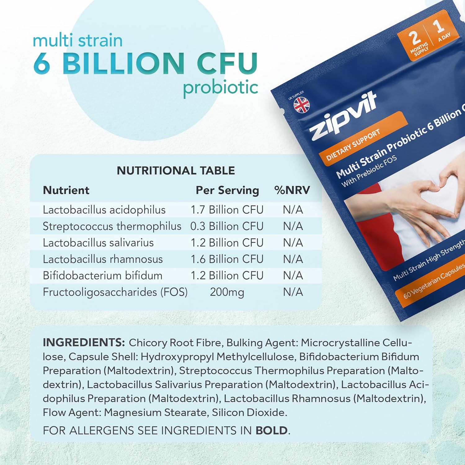 Zipvit Multi Strain Probiotic 6 Billion CFU with Prebiotic, Live Bio Cultures for Gut Health, 5 Strains with Lactobacillus Acidophilus, Bifidobacterium Bifidum, 60 Vegetarian Capsules, 2 Month Supply-4