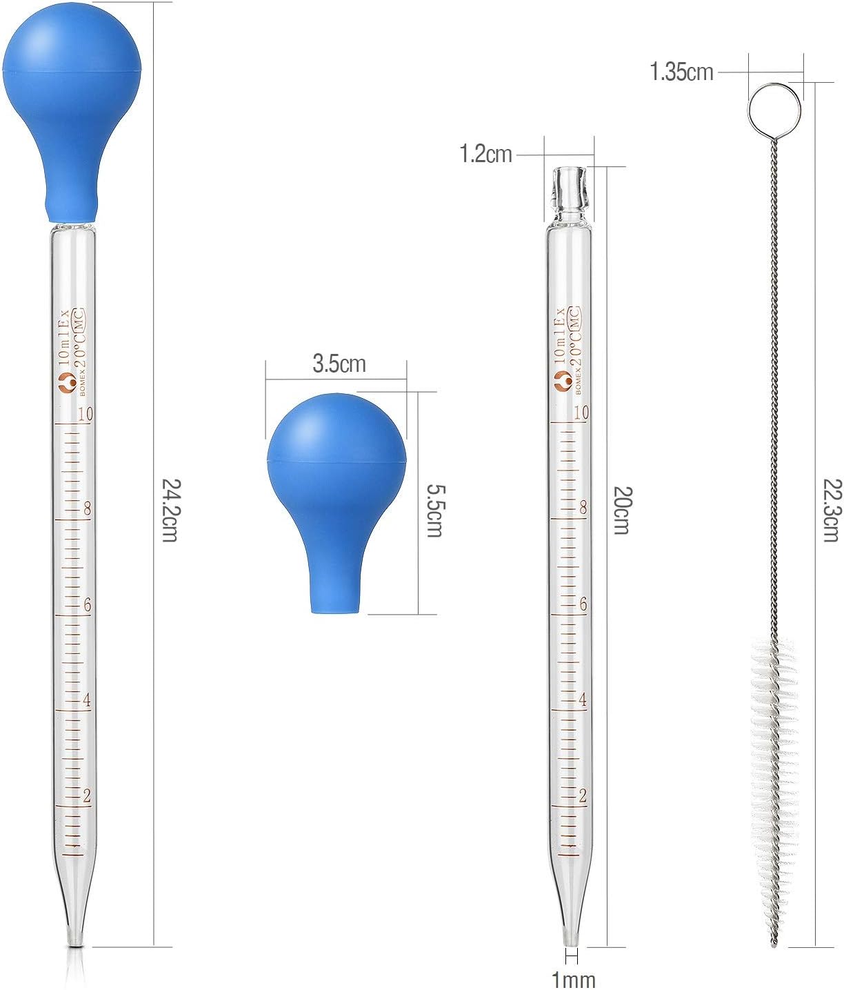 Hyber&Cara 2 Pcs 10ml Glass Pipette Dropper Graduated with Rubber Suction Bulb + 1 Pc Cleaning Brush-1