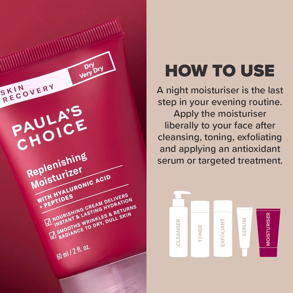 Paula's Choice SKIN RECOVERY Replenishing Moisturiser - Face Night Cream - Hydrates & Soothes - Anti-Ageing - with Hyaluronic Acid & Peptides - Rosacea-prone Skin - Dry to Very Dry Skin - 60 ml-3