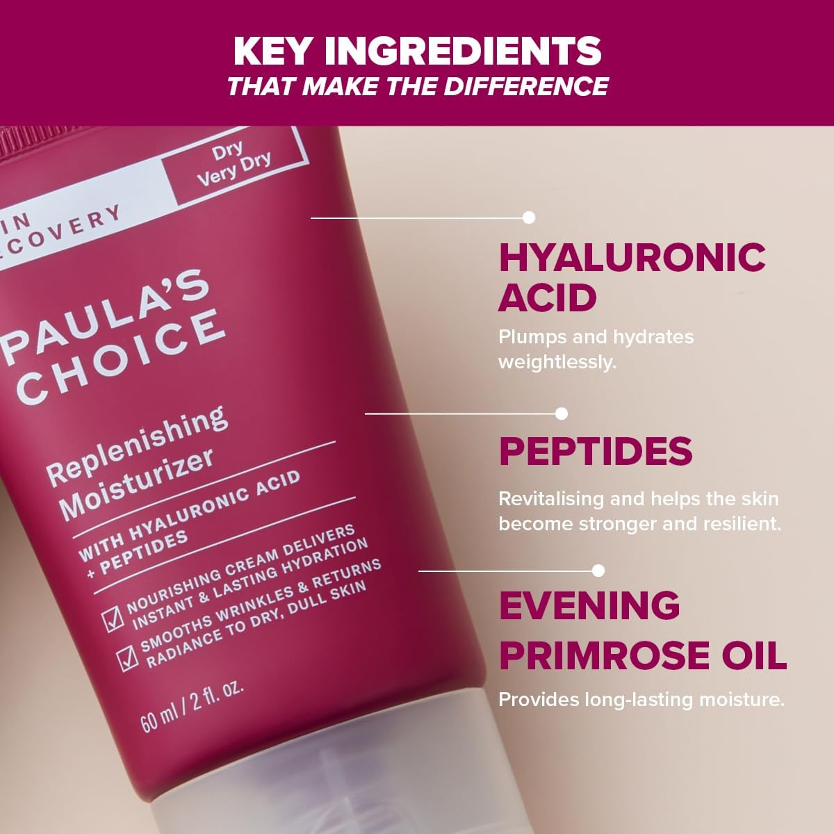 Paula's Choice SKIN RECOVERY Replenishing Moisturiser - Face Night Cream - Hydrates & Soothes - Anti-Ageing - with Hyaluronic Acid & Peptides - Rosacea-prone Skin - Dry to Very Dry Skin - 60 ml-4