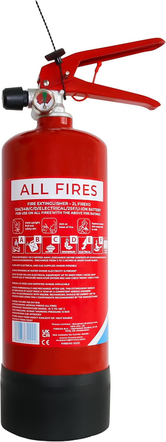 Firexo All in One Fire Extinguisher (2 Litre / 2 kg) - Multipurpose Extinguisher for ALL FIRES inc. Li-ion Battery Fires! - Safety & Emergency Equipment for Home, Kitchen, Fireplace, Grill, Caravan-0