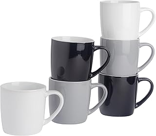 Argon Tableware Tea Coffee Mugs - 6pc Contemporary Coloured Ceramic Cups Set - 350ml - Black Grey White