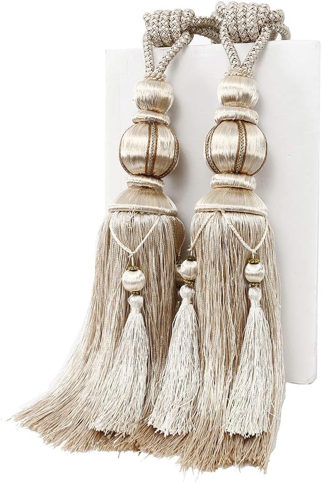 YunNasi 1 Pair Curtain Tie backs Rope for Large and Heavy Curtain,Tassel Curtain Tiebacks Holdbacks Window Drape Rope,Beige-0