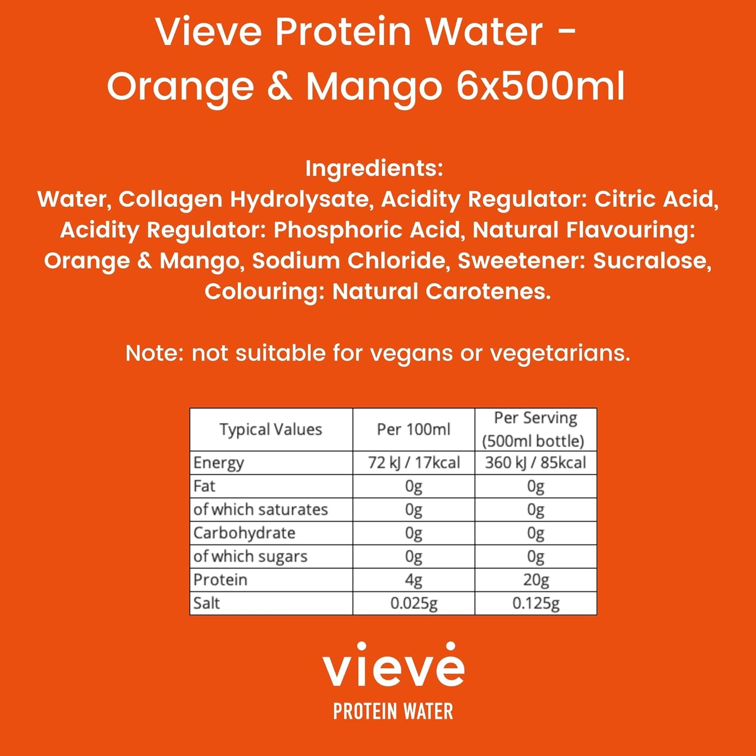 Vieve Protein Water 6x500ml - Orange & Mango | 20g Protein, Sugar Free, Fat Free & Dairy Free | A Ready to Drink Alternative to Protein Powders & Shakes | 6 Pack-4