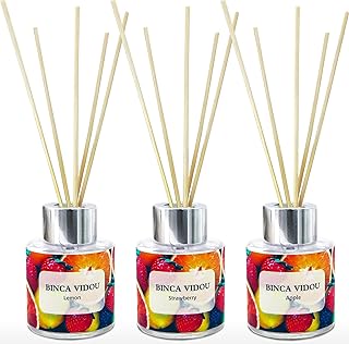 binca vidou Reed Diffuser 50ml Pack of 3 - Lemon Apple Strawberry Scented Oil Reed Diffuser Set with 12 Sticks - 50 Days Lasting & Strong Aroma - Home Fragrance Diffuser for Bedroom Bathroom Office